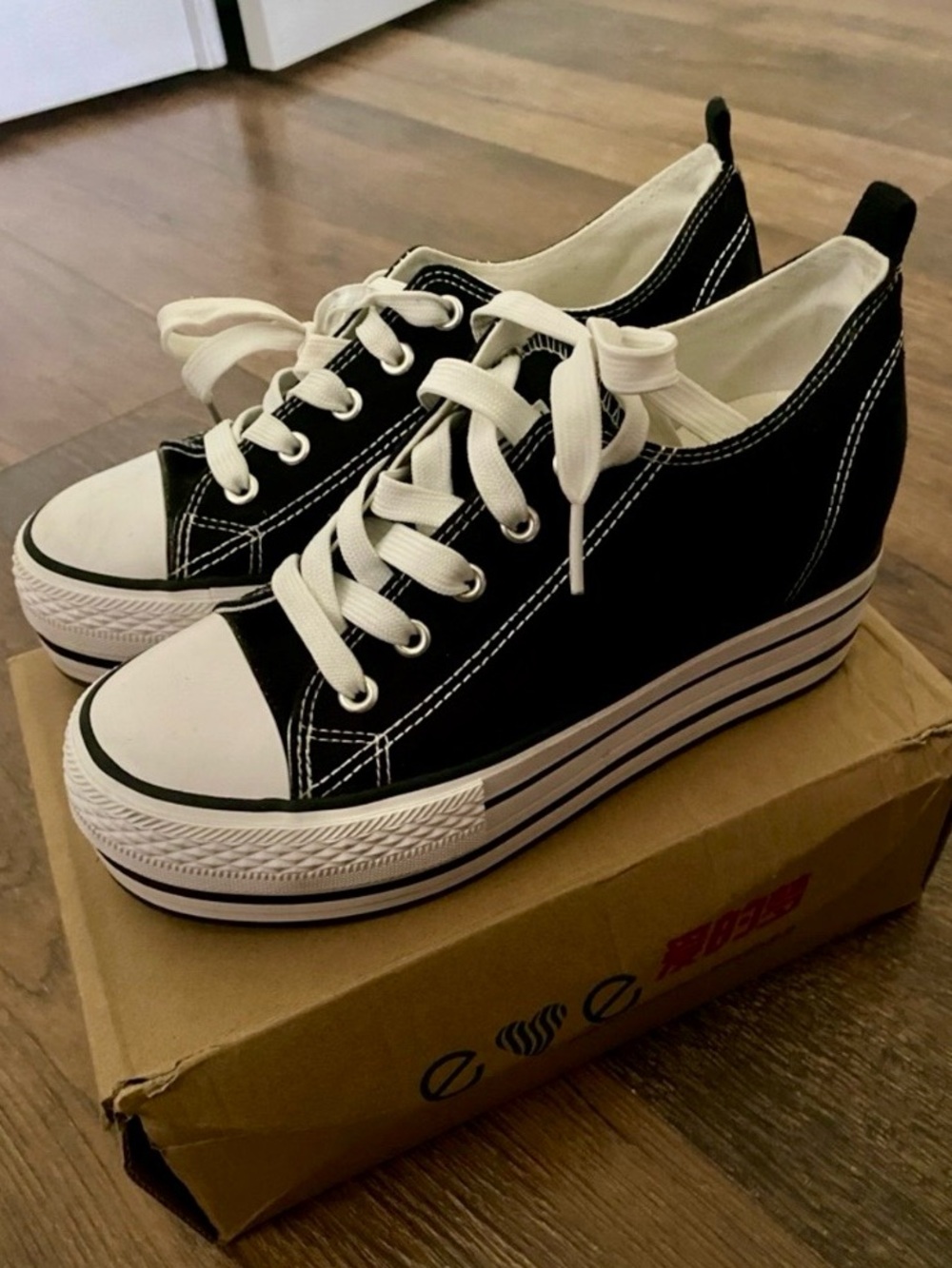 Black Canvas Platform Wedge Sneakers, 3” Height-Hidden Heel, Like New